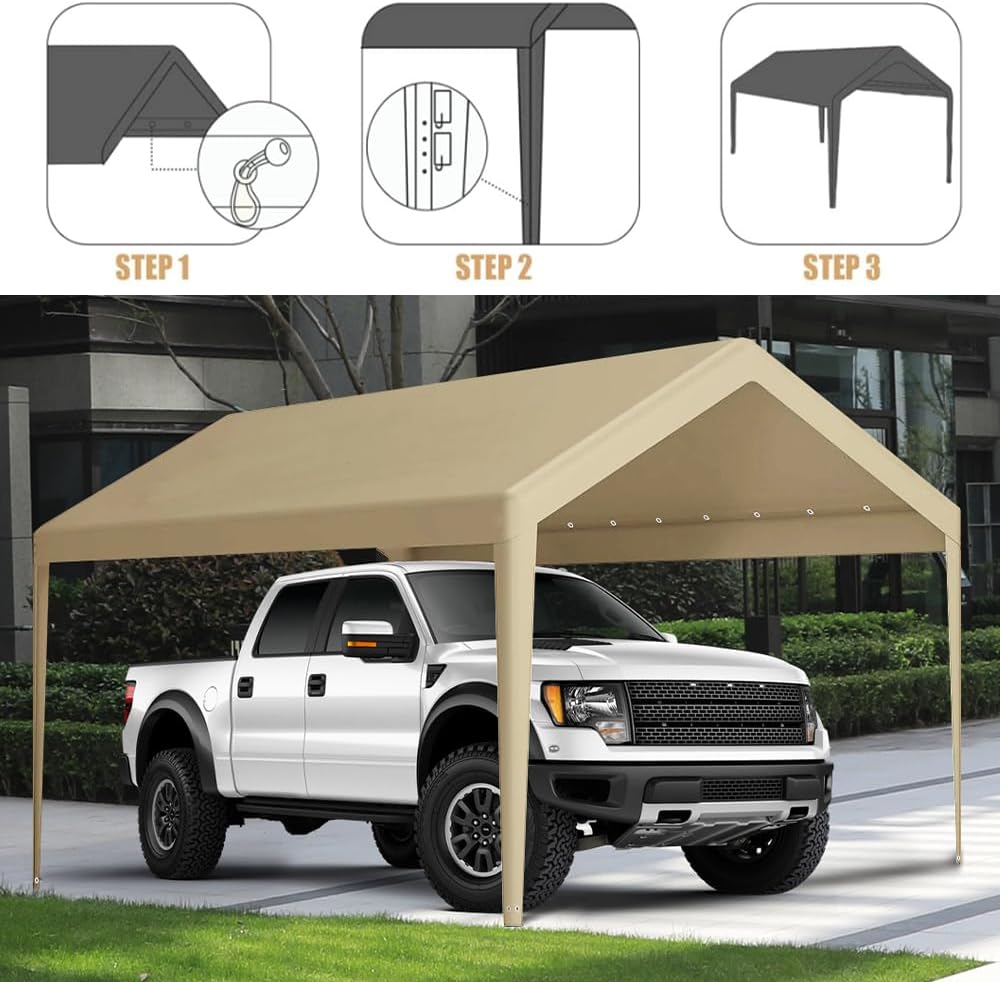 Rutile 10 x 20 FT Carport Replacement Cover, Heavy Duty Car Tarp Canopy Tent Garage Top Shelter Cover with Fabric Leg Pole Skirts and Ball Bungees Beige (Only Top Cover, Frame is not Included)
