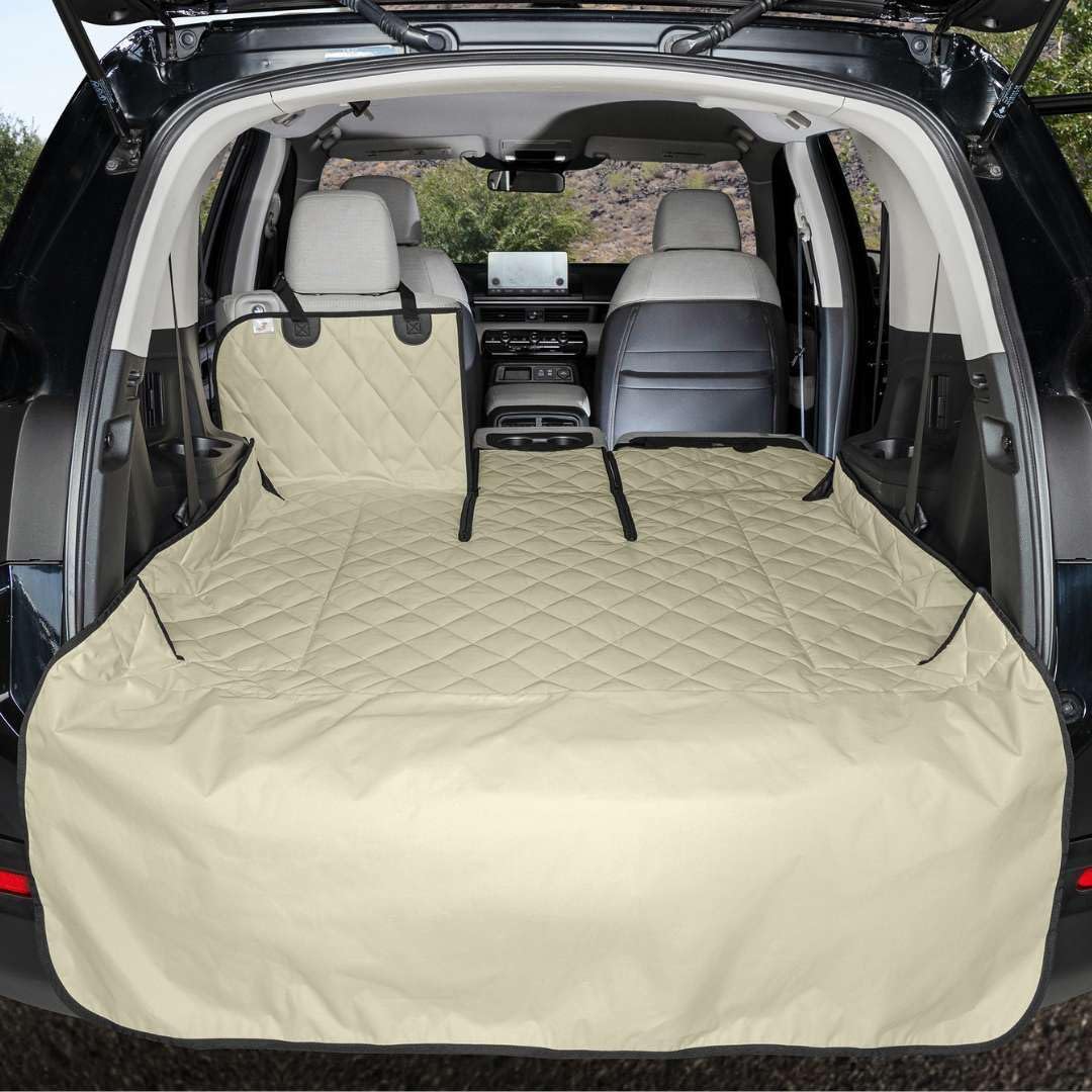 4Knines SUV Cargo Liner for Dogs, Trunk Mat for SUV, Durable Cargo Cover, Protector – Compatible with 60/40 Split Bench & Armrest Pass-Through, Waterproof, Machine Washable, Non-Slip (Small, Tan)