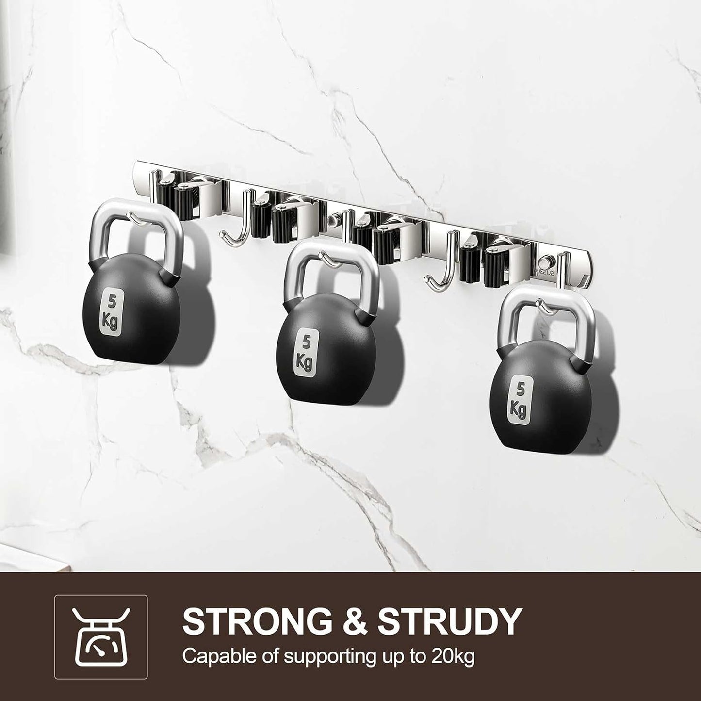 Broom Holder Wall Mount, Stainless Steel Broom Hanger Wall Mount, Heavy Duty Mop and Broom Holder Tool Racks Utility Hooks for Laundry Room Garden Garage, Black (4 Racks and 5 Hooks)