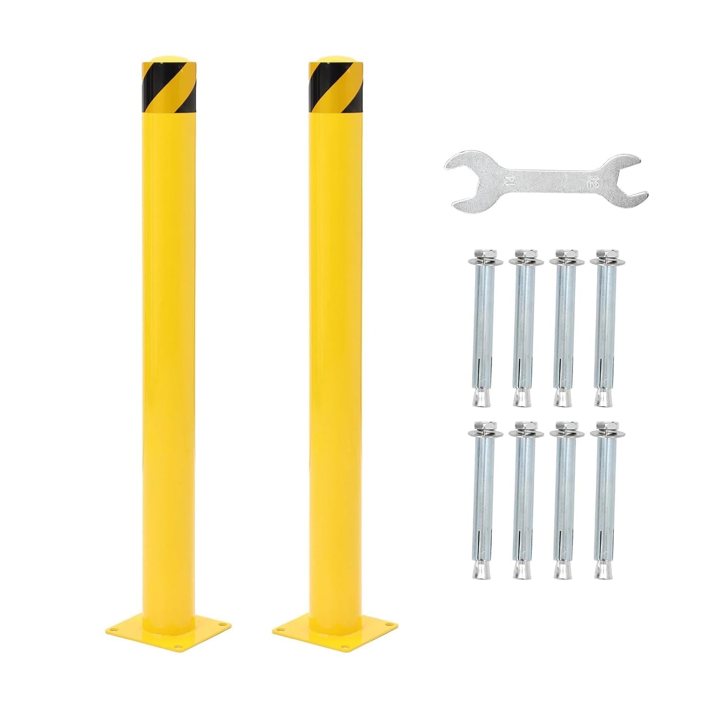 Safety Bollard 2 Packs, 42 Inch Height Steel Post, 4.5 Inch Diameter Parking Bollard, Yellow Safety Bollard Post with 8 Anchor Bolts, Ideal for Ideal for Parking Warehouse Park Traffic Area