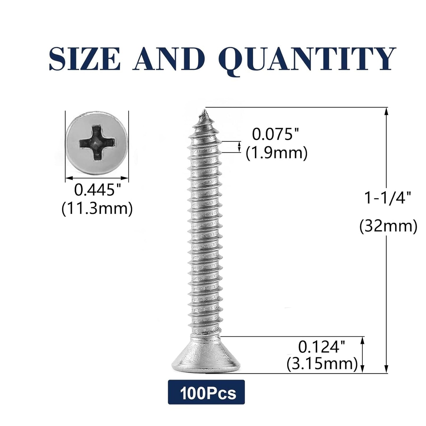 #14 x 1-1/4" Wood Screw 100Pcs 18-8 (304) Stainless Steel Screws Flat Head Phillips Fast Self Tapping Drywall Screws by SG TZH