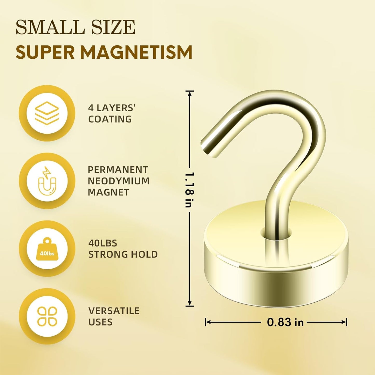 Neosmuk Magnetic Hooks, Cruise Ship Essentials, 40lb+ Heavy Duty Magnetic Hooks for Cruise Cabins, Refrigerator, Grill, Hanging, and Travel | Extra Strong Must-Haves Magnet Hook,Gold,Pack of 10