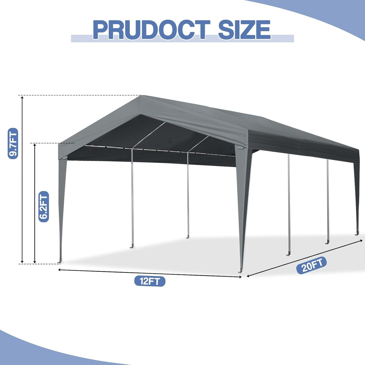 VINGLI 12x20 Carport Canopy Portable Garage, Car Canopy Heavy Duty Car Tent for SUV, Boats, RVs, Trucks Party Tent Boat Shelter(Without Sidewalls)
