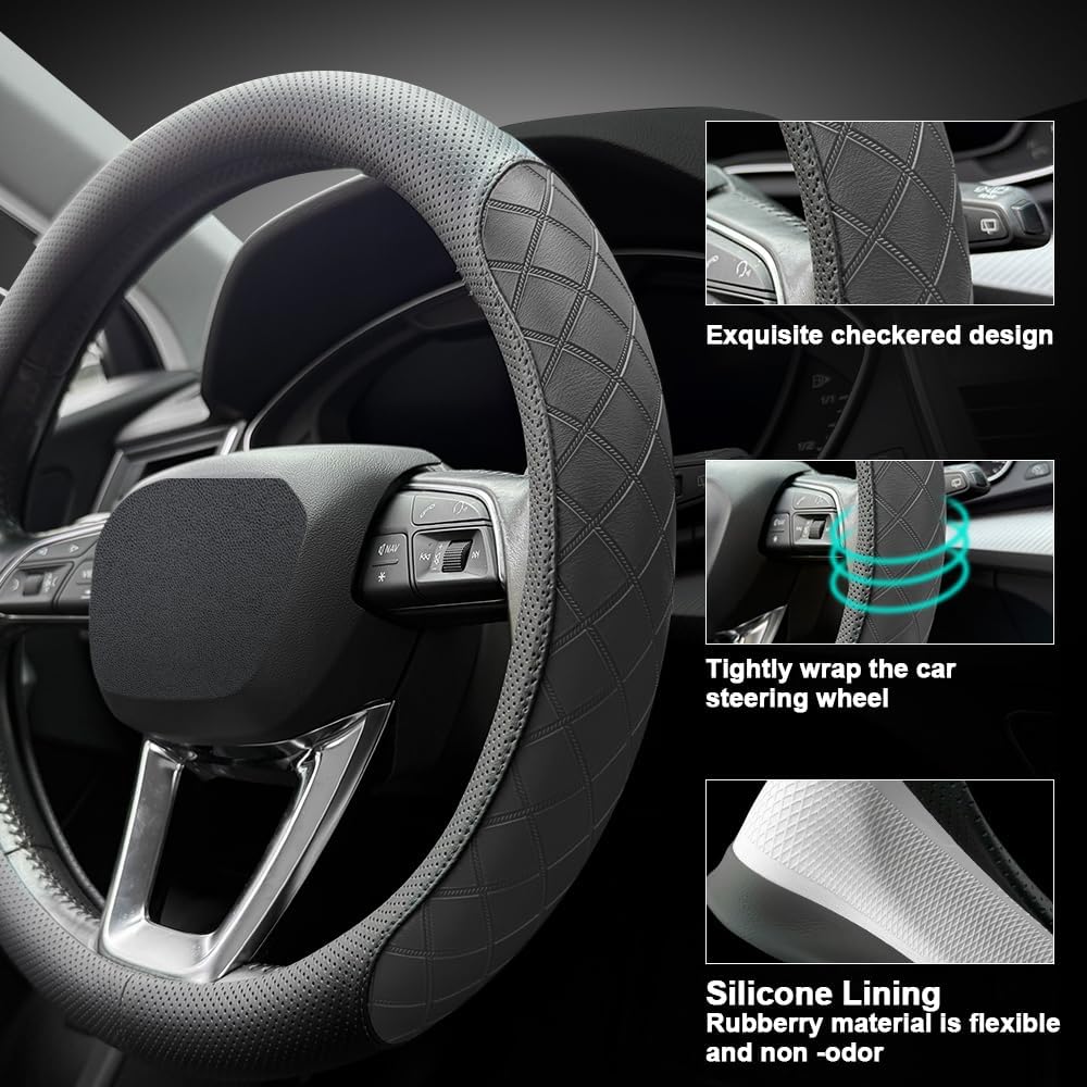 LKWLIKEI Nappa Leather Steering Wheel Cover, Elegant Diamond Checkered Design, Non-Slip wear-Resistant, Enhance Driving Comfort, Suitable for Steering Wheel Diameter 14 1/2‘-15’ Models.Black