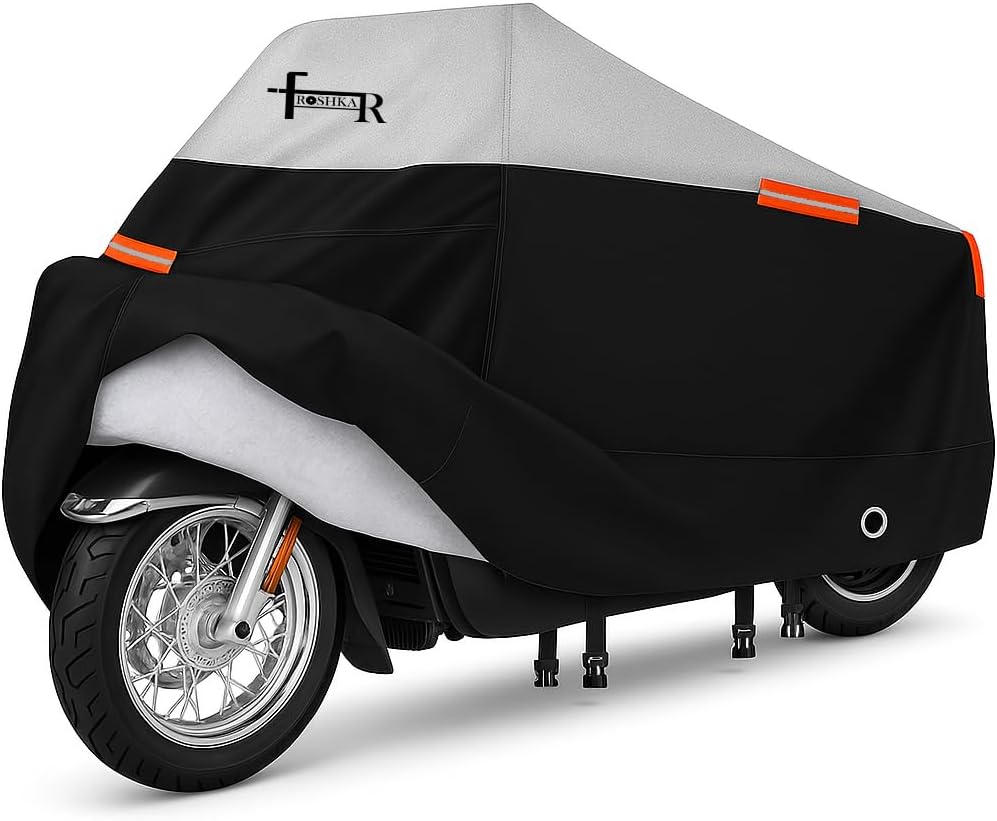 Motorcycle Cover Waterproof Outdoor with Cotton Lining, All Weather Protection from Rain, Dust & Snow - 300D Heavy Duty, Lock Holes, Storage Bag, Universal Fits up to 108" Motorcycles - MC2