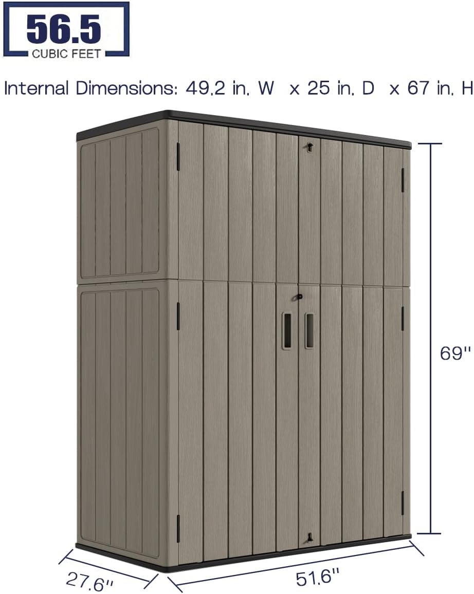 KINYING Outdoor Storage Shed,57 Cu.ft Vertical Outdoor Storage Cabinet Waterproof, Outdoor Resin Tool Shed for Patio Furniture, Garden Tools, Pool Accessories, Lawn Mower(Coffee Color)