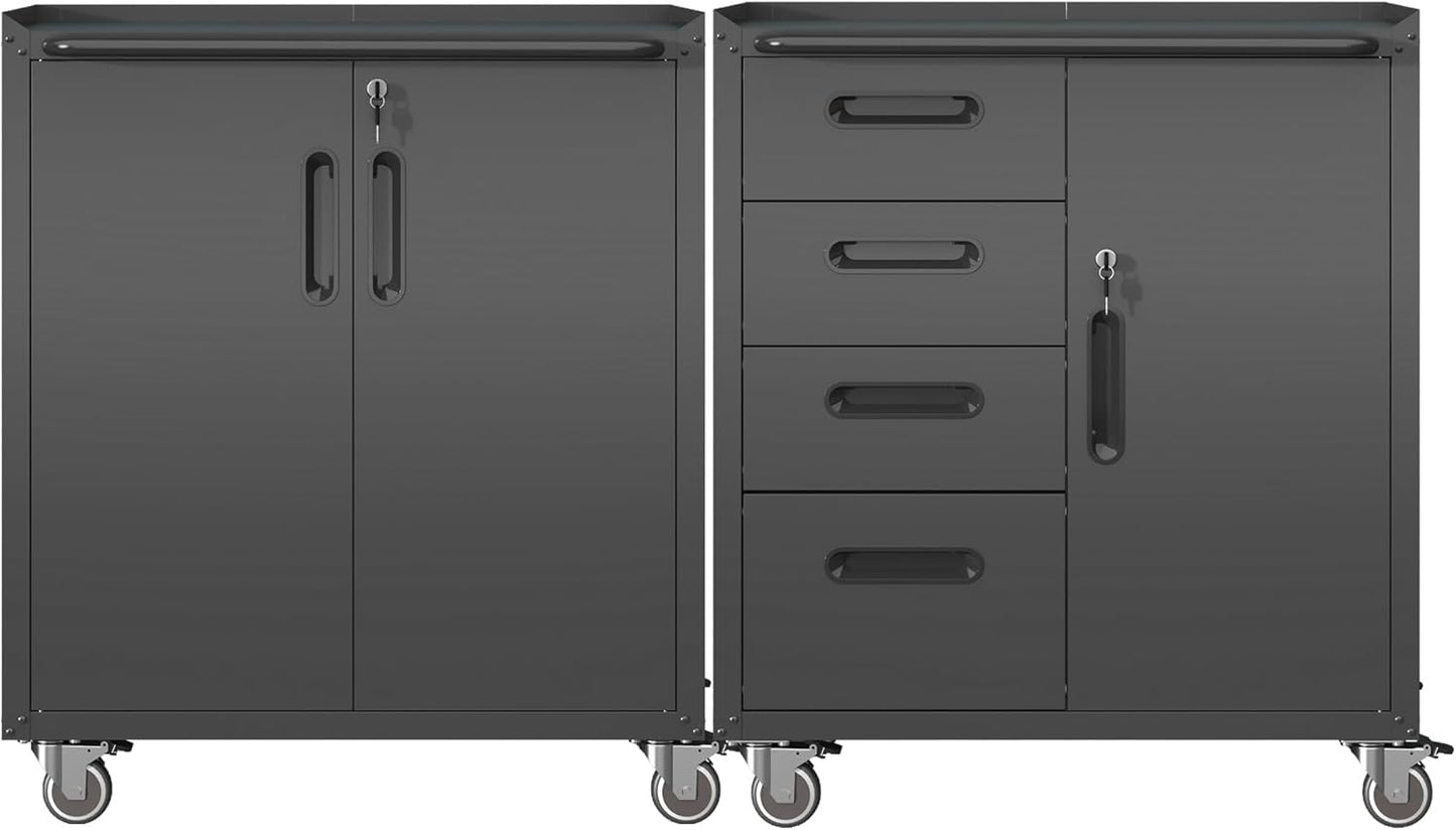 Metal Tool Cabinet,Garage Storage Cabinet System,Wall Cabinet & Locking Rolling Tool Cabinet with Doors and Adjustable Shelves,Steel Tool Cabinets for Home,Office (2 Pcs-Styled, Black)