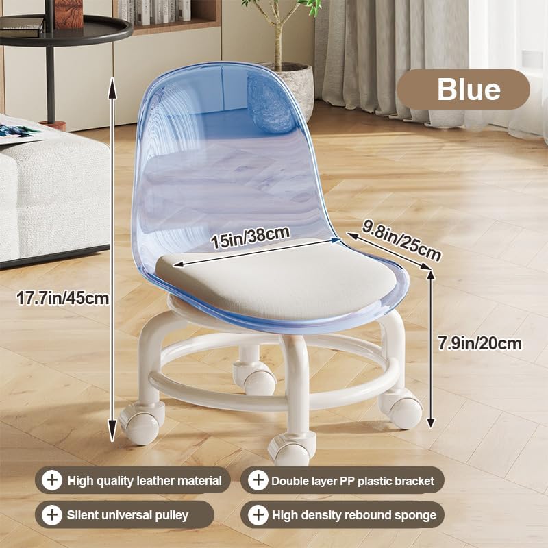 Low Rolling Stool with Wheels,Mini Rolling Garage Stool with Back Support,360° Rotating Floor-Friendly Wheels for Home, Office,Garage & Salon (Transparent Blue)