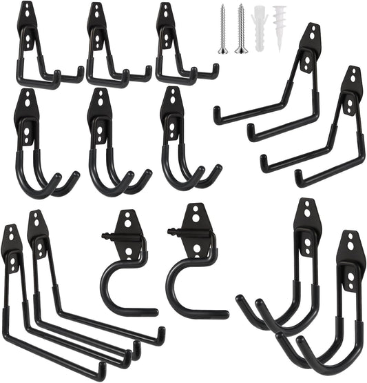 Steel Garage Hooks Wall Tool Organizer, 14 Pack Garage Storage Hook Heavy Duty Utility Storage Hangers Black for Ladders, Ropes, Garden Tools