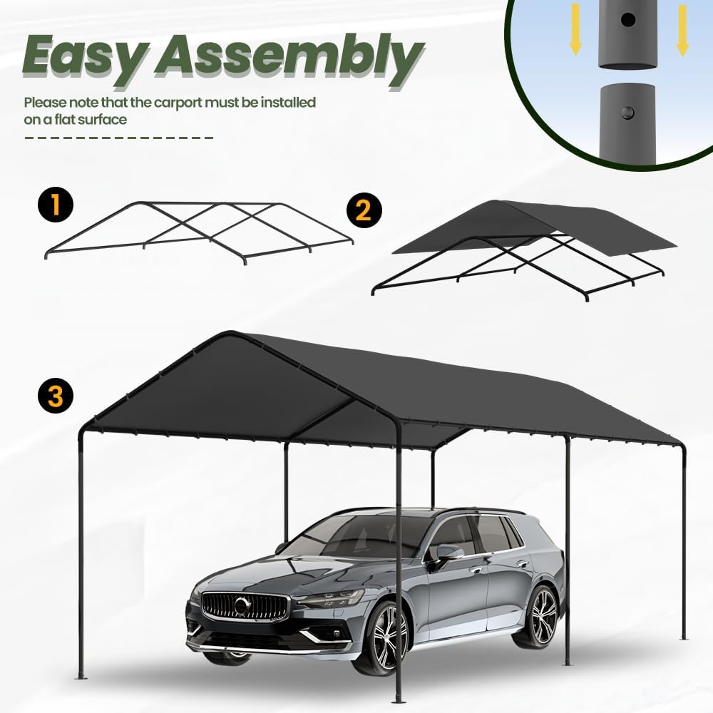 GOJOOASIS 10x20 Carport Heavy Duty Portable Garage Shelter Metal Car Canopy Tent with UV-Resistant & Weatherproof Top Cover for RV & Vehicles (Gray, 10x20 Without sidewalls)