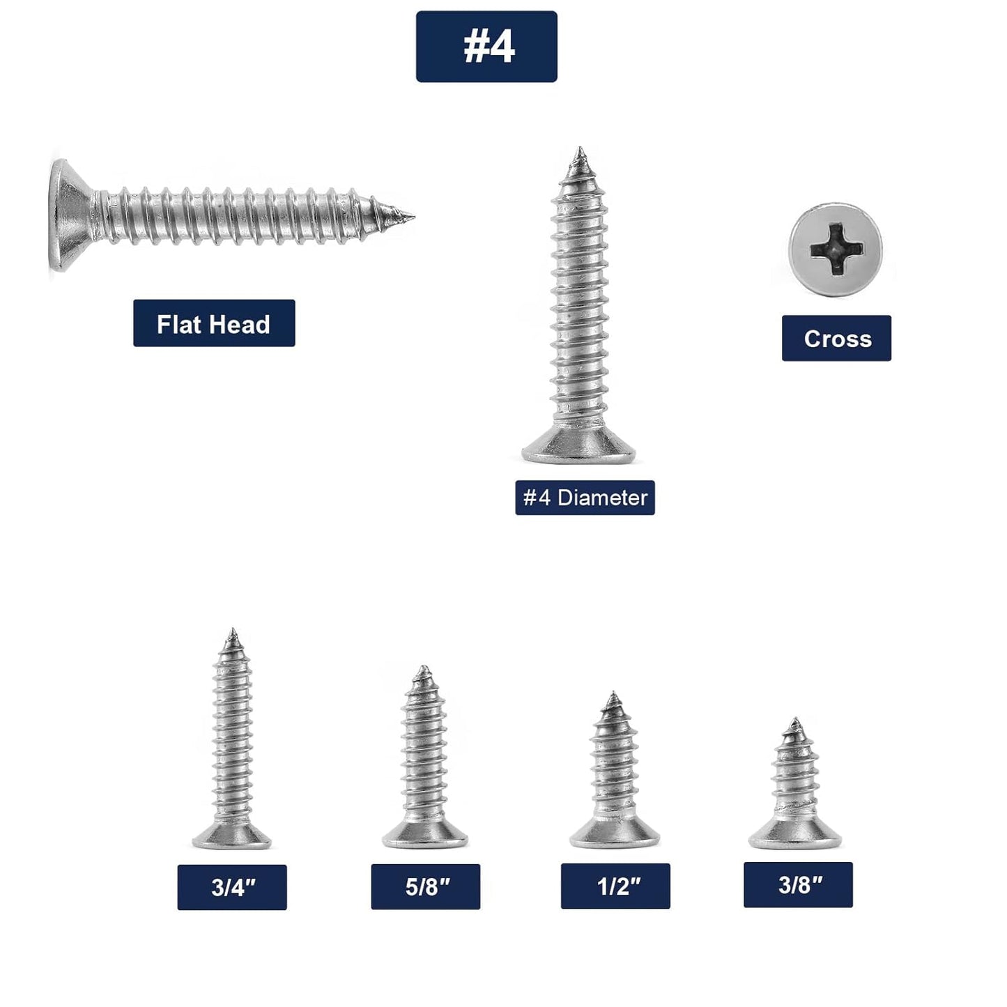 #4 x 3/8" Wood Screw 100Pcs 18-8 (304) Stainless Steel Screws Flat Head Phillips Fast Self Tapping Drywall Screws by SG TZH