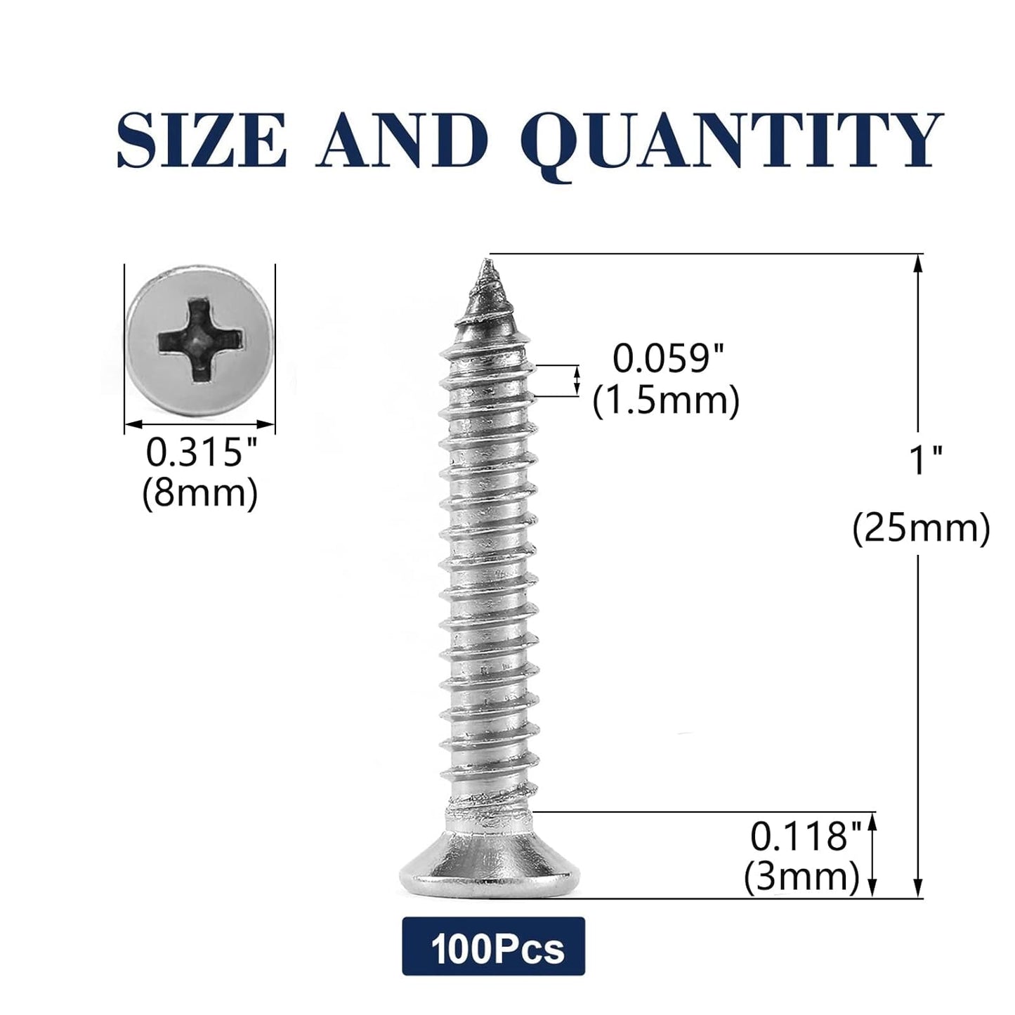 #8 x 1" Wood Screw 100Pcs 18-8 (304) Stainless Steel Screws Flat Head Phillips Fast Self Tapping Drywall Screws by SG TZH