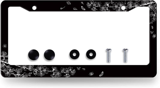 Black White Cherry Blossom License Plate Frame Butterfly Flower License Plate Holder Stainless Steel Car Accessories Decoration 6.3"X12.3" with 2 Holes Screws