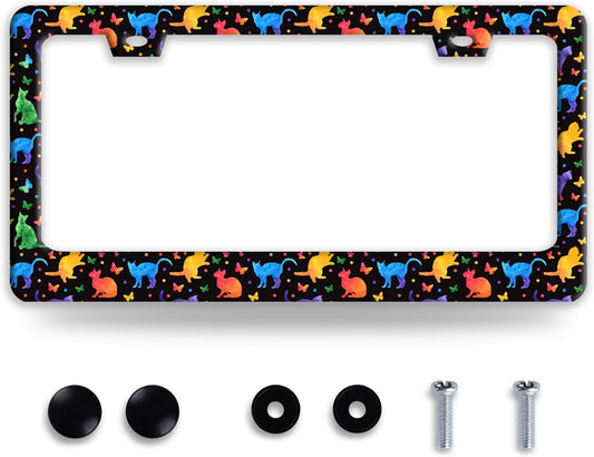 Colorful Cat License Plate Frame Cute Pet Butterfly License Plate Holder Funny Stainless Steel Accessories Cars Decor with 2 Holes and Screws Fits Standard Us Ca Vehicles 12.2 X 6 Inch