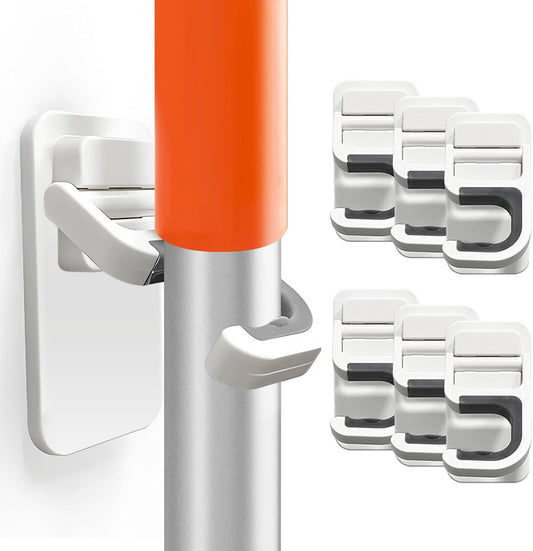 6PCS Broom and Mop Holder Wall Mount, Self Adhesive – No Drilling Broom Hanger Gripper, Organizer Rack Wall Mounted Utility Rack for Kitchen, Bathroom, Closet, Garden Garage