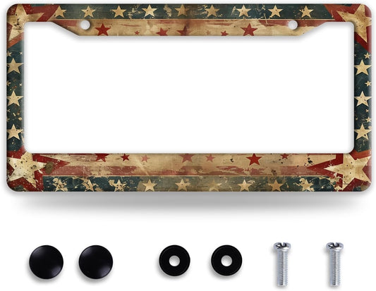 Retro American Flag License Plate Frame USA Flag Patriotic License Plate Holder Funny Stainless Steel Accessories Cars Decor with 2 Holes and Screws Fits Standard Us Ca Vehicles 12.2 X 6 Inch