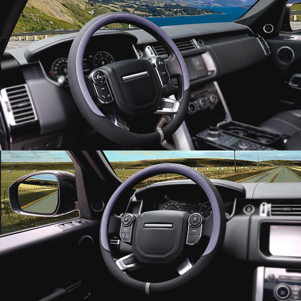 COFIT Breathable Car Steering Wheel Cover 15 inch Auto Universal Leather Wrap Non-Slip Steeringwheel Protector Automotive Interior Accessories, Purple (Suit for 14.5-15 inch)