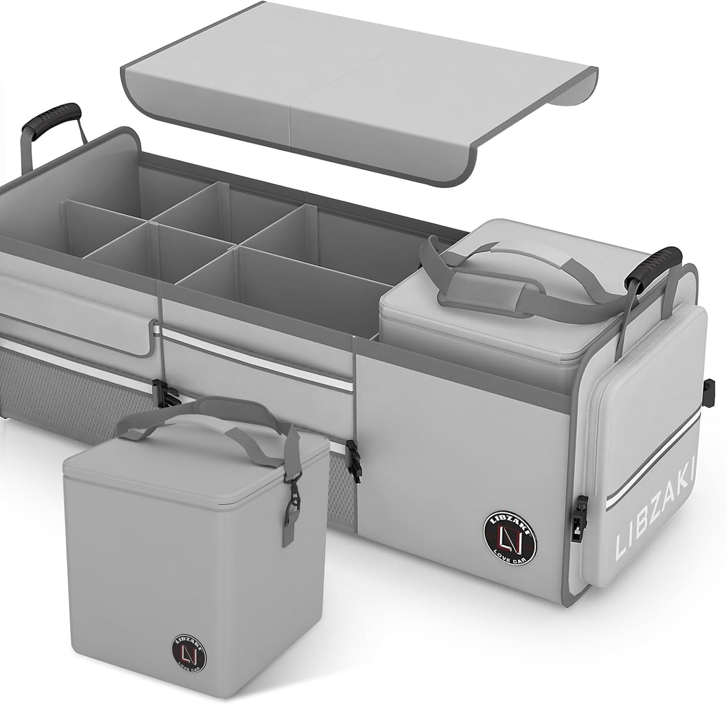 LIBZAKI Oversize 4 in 1 Car Trunk Storage Organizer, Multi Compartment Collapsible Trunk Storage Box with Cooler Bag for Car Truck SUV-Gray