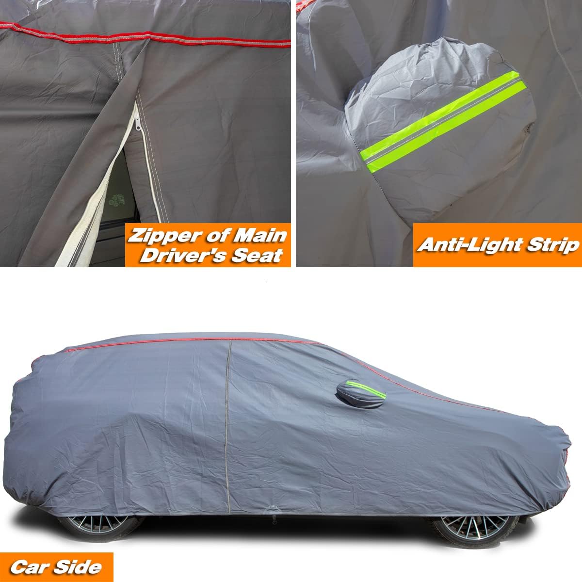 AUQDD 6-Layers PEVA New Material Sedan SUV Full Padded Car Cover Waterproof All Weather Weatherproof UV Sun Protection Snow Dust Storm Resistant Outdoor Exterior Custom Form-Fit Straps 214"-232" Gray