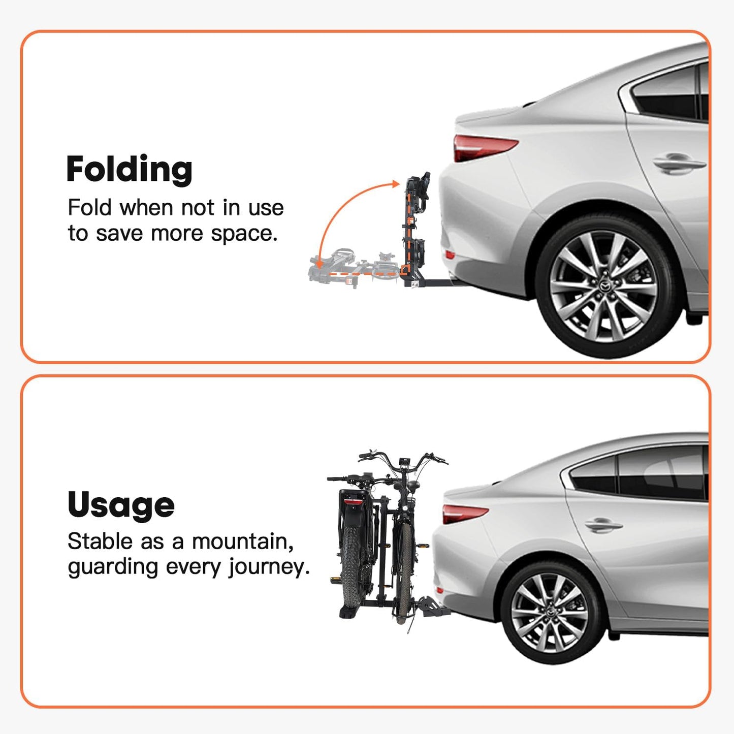 CyberRack E2 Ebike Rack, 200 lbs Capacity Foldable Bike Racks for Tow Hitch Heavy Electric Bike Carrier for 2 E-Bike, Up to 5-inch Fat Tire 2'' Receiver