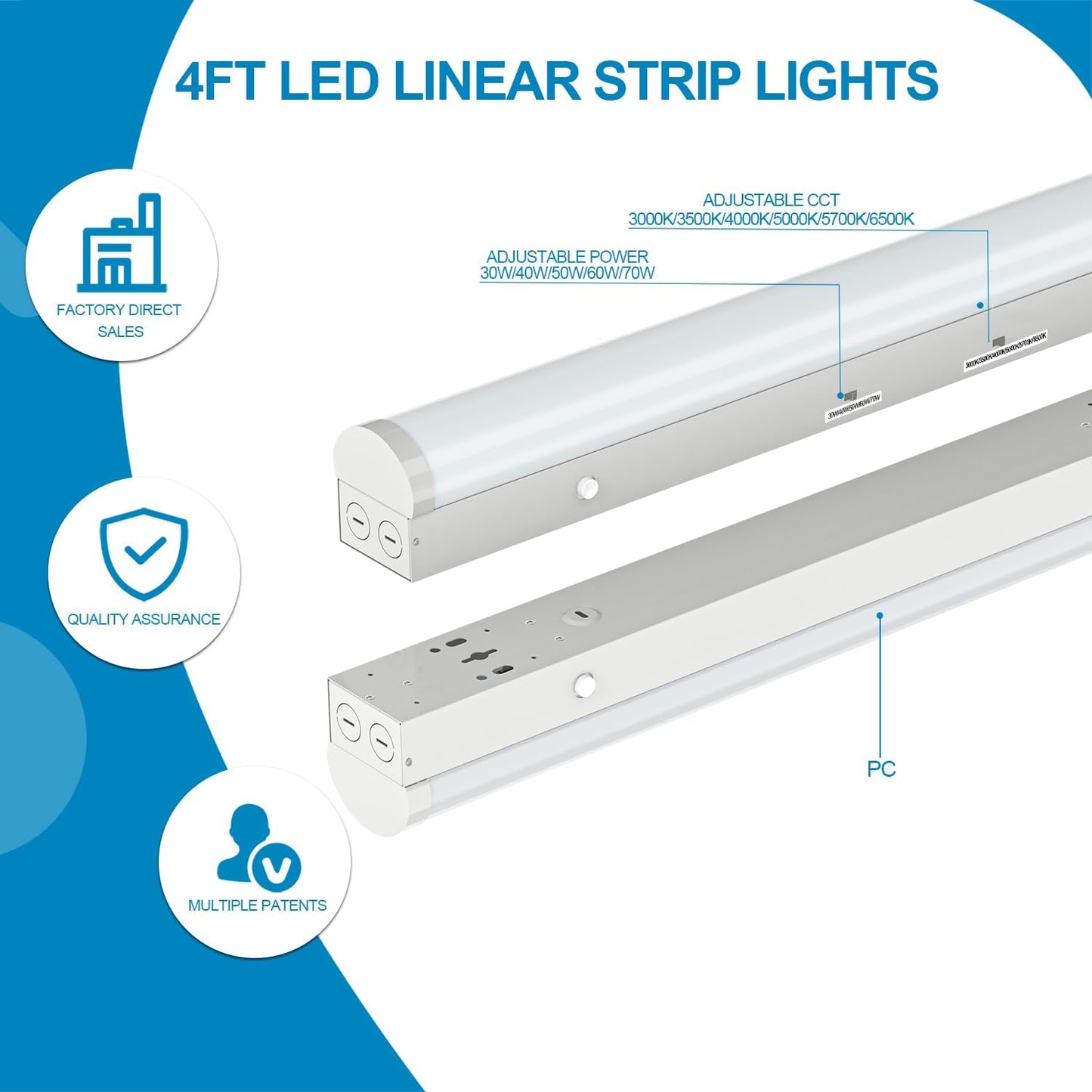 4FT LED Linear Strip Light, Super Bright 4 Foot LED Shop Lights 70W 60W 50W 40W 30W/6CCT 3000K-6500K Selectable, Flush Mount or Hanging 0-10V Dimmable Commercial Garage Ceiling Light, ETL DLC(4 Pcs)