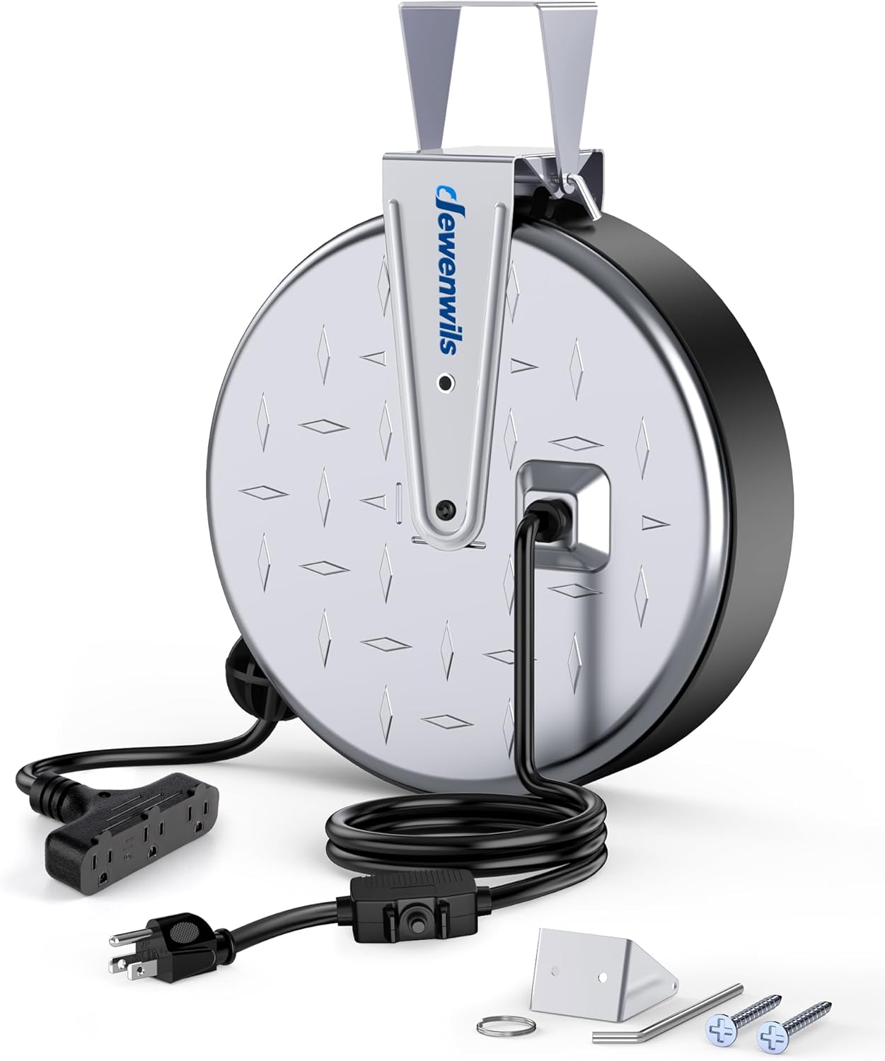 DEWENWILS 30 Ft Retractable Extension Cord Reel, Ceiling/Wall Mount 16/3 Gauge SJTW Power Cord with 3 Electrical Outlets Pigtail for Garage and Shop, 10 Amp Circuit Breaker, Metal Plate, UL Listed