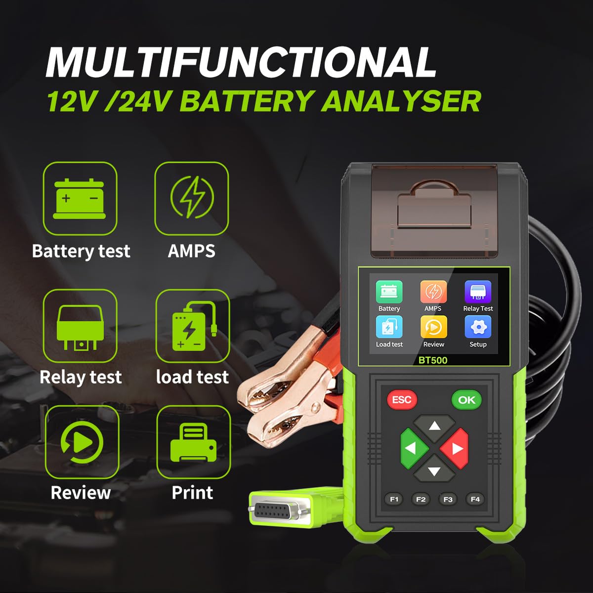 Automotive Battery Tester with Printer, 12V 24V Car Battery Load Tester and Alternator Tester, 20-2000 CCA Battery Capacity Tester, Relay Tester, Leakage Test for Heavy Duty Truck, BT500
