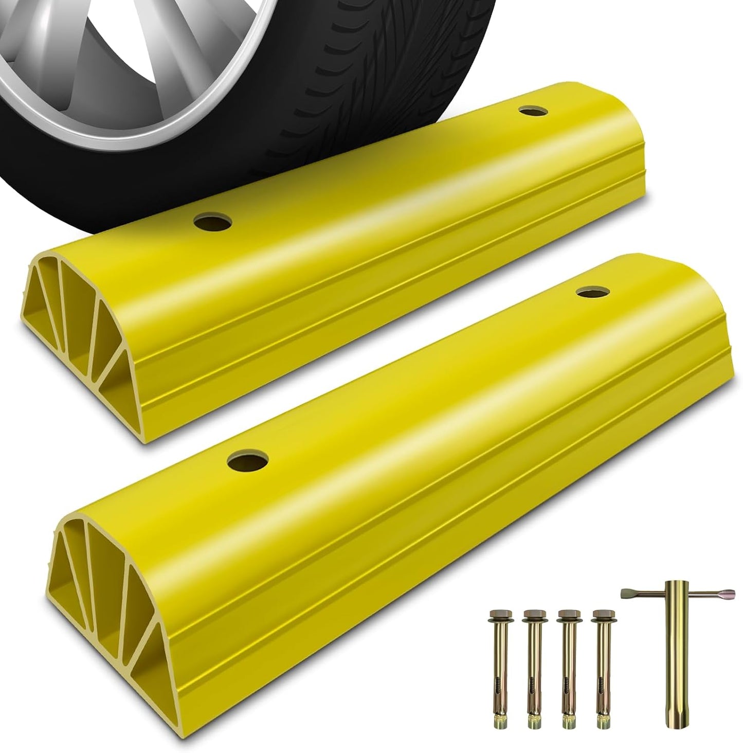 22" Garage Tire Stops for Garage Floor High-Visibility, Odor Free 2 Pc 3.1" Higher Block Bumpers for Parking Car SUV Truck, Heavy Duty Car Wheel Stopper for Driveway Outdoor, Easy Installation