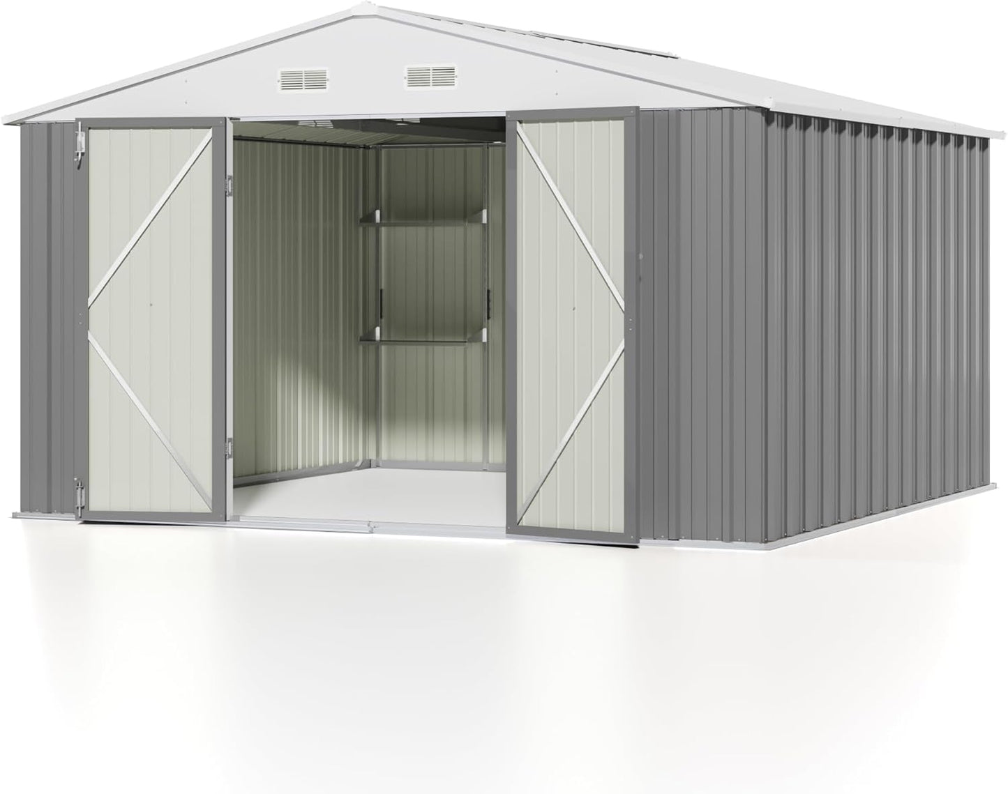 Patiowell 10 x 10 FT Metal Outdoor Storage Shed with Detachable Storage Shelves, Large Steel Utility Tool Shed Storage House with Lockable Door, Garden Tool Shed for Backyard Garden Patio Lawn,Brown