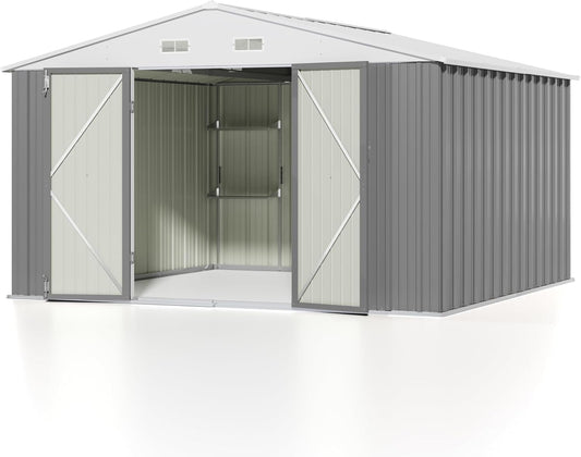 Patiowell 10 x 10 FT Metal Outdoor Storage Shed with Detachable Storage Shelves, Large Steel Utility Tool Shed Storage House with Lockable Door, Garden Tool Shed for Backyard Garden Patio Lawn,Brown