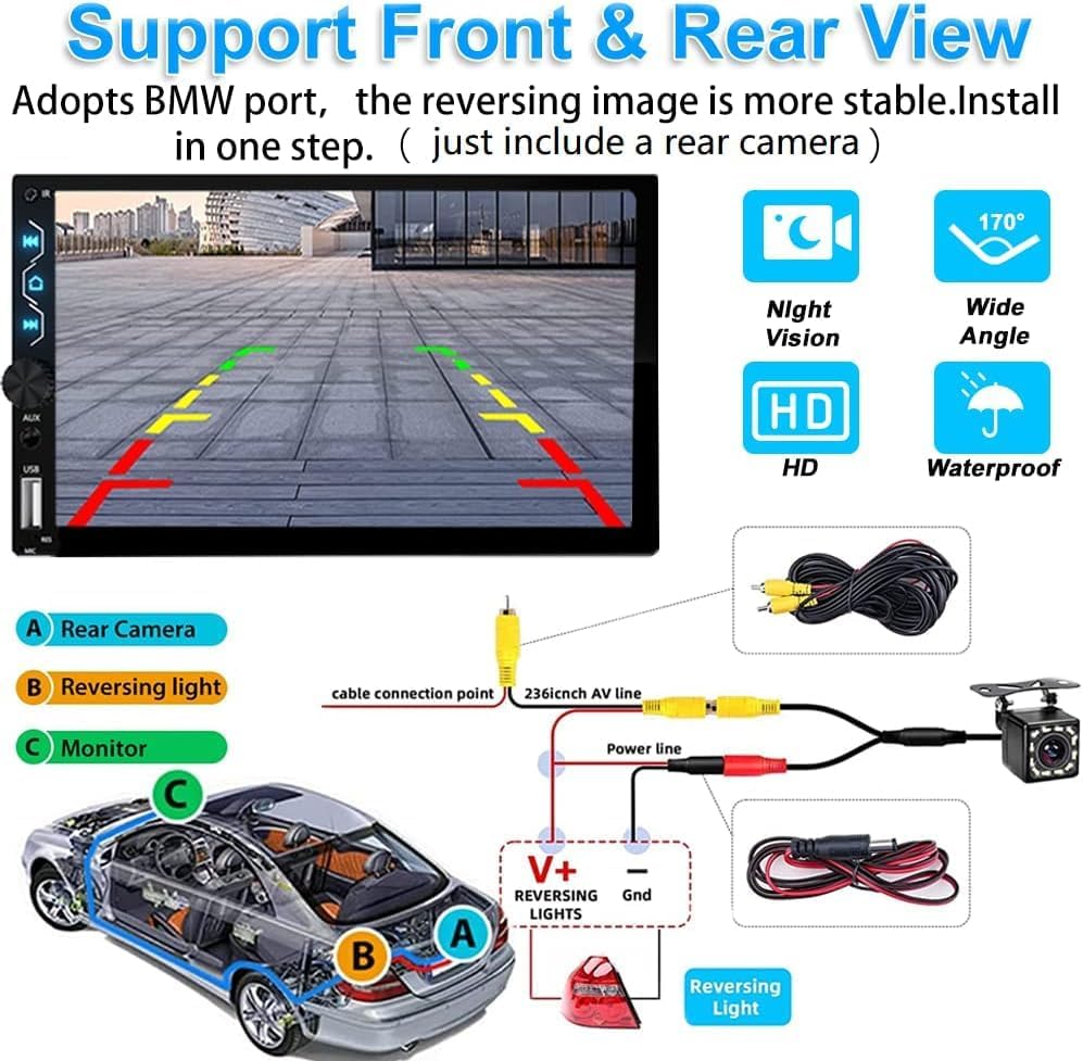 Double Din Car Stereo with Wireless Carplay and Wireless Android Auto,7 Inch Full HD Touchscreen Car Stereo Receivers Support Mirror Link,Bluetooth, Backup Camera,Steering Wheel,FM/USB/AUX/Subwoofer