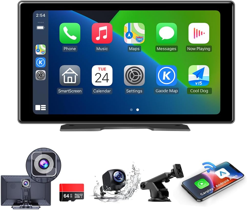 9inch Portable Carplay Screen for Car, Wireless Apple Carplay & Android Auto with 4K Dash Cam,1080p Backup Camera,Car Audio Receivers, GPS Navigation, SuperLink,FM, Music Player