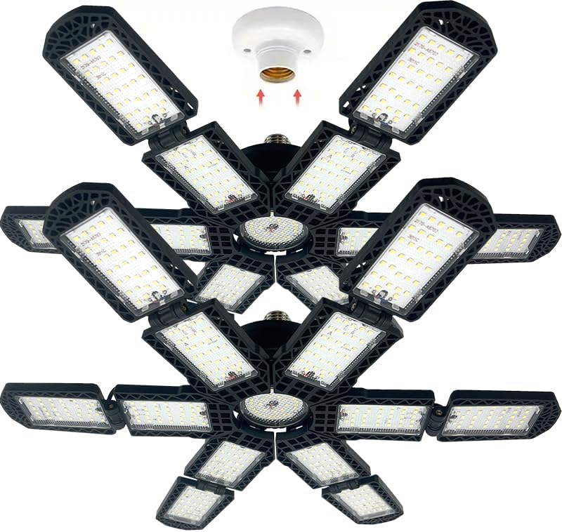 2 Packs LED Garage Light,Super Bright Screw in E26/E27 Ceiling Shop Work Lamp, 280W 30000 Lumen Deformable Basement Bulb Fixture with 12+1 Adjustable Panels, Lighting for Workshop, Attic