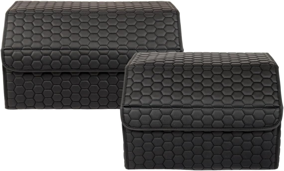 Car Storage Organizer Bundle - Two Foldable Crates For Groceries, Gear & Trips - Durable SUV And Truck Storage Set - Thoughtful Birthday Gifts For Drivers (Black 17+21)