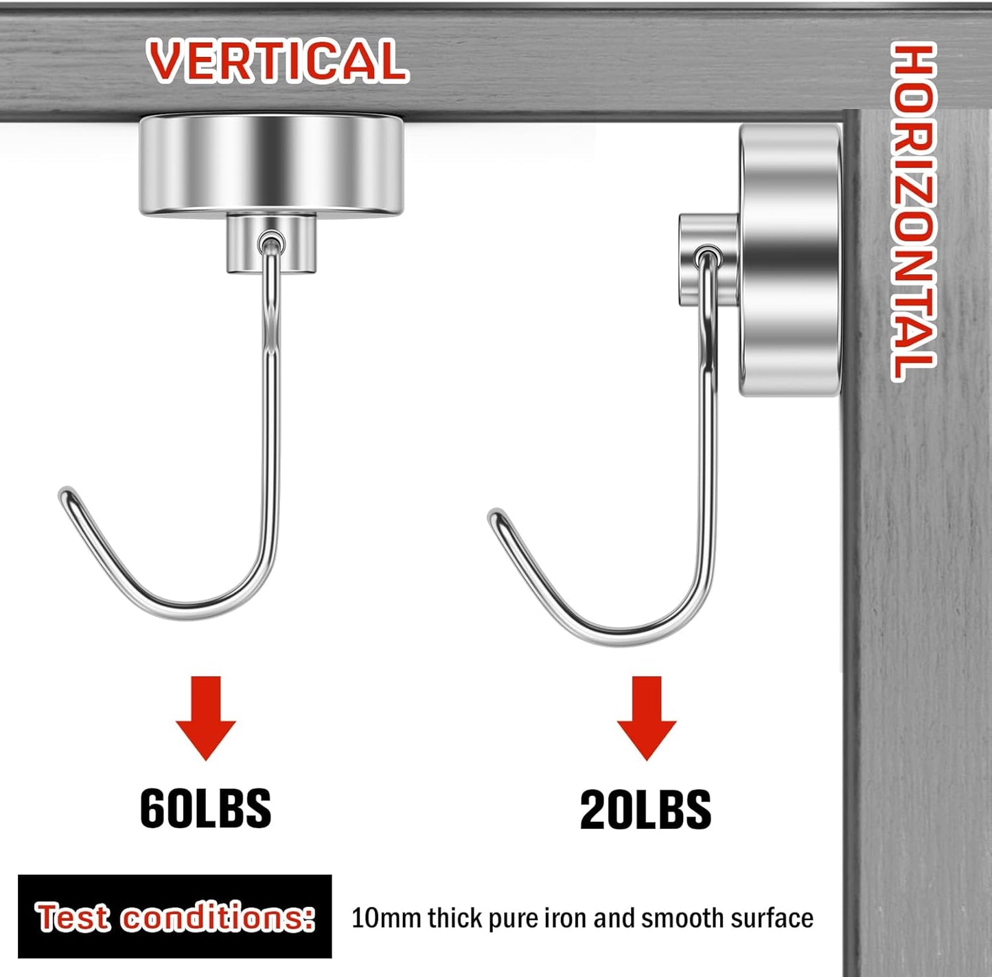 FINDMAG Magnetic Hooks, 60lbs+ Magnetic Hooks for Cruise Ship Essentials, Rare Earth Magnet Hooks Heavy Duty for Hanging, Magnetic Hanger for Garage, Grill, Fridge, Toolroom, Workplace, 6 Pack, Silver