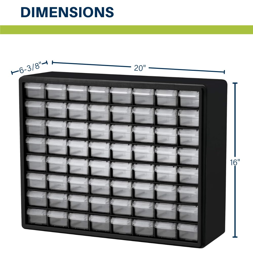 Akro-Mils 64-Drawer Plastic Drawer Storage Cabinet for Garage Organization, Bead Organizer, Building Bricks Storage, Teacher Toolbox, Makeup Organizer, 20-Inch W x 6-Inch D x 16-Inch H, 10164 Red