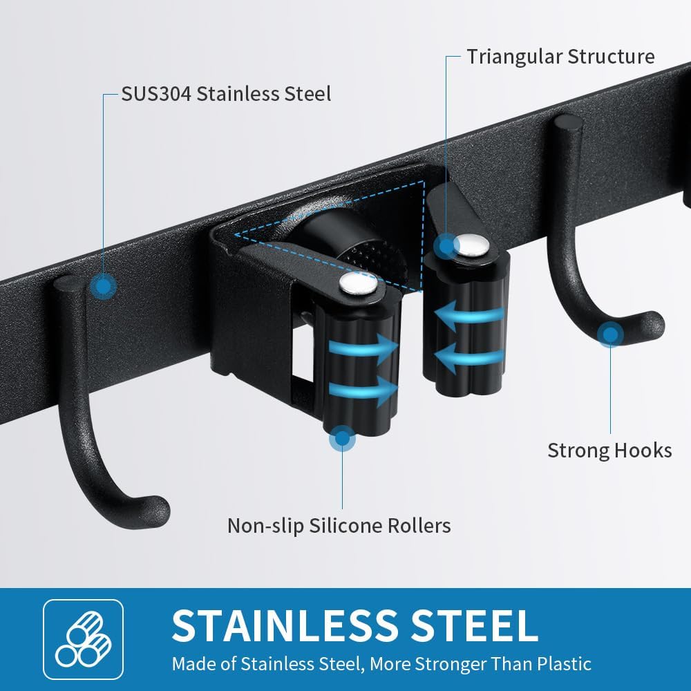 Broom Hanger and Mop Holder, Heavy Duty Garden Tool Organizer Rack Rake and Shovel Handle, Stainless Steel Wall Mounted Utility Rack with Screws (3 Racks with 4 Hooks, Matte Black).