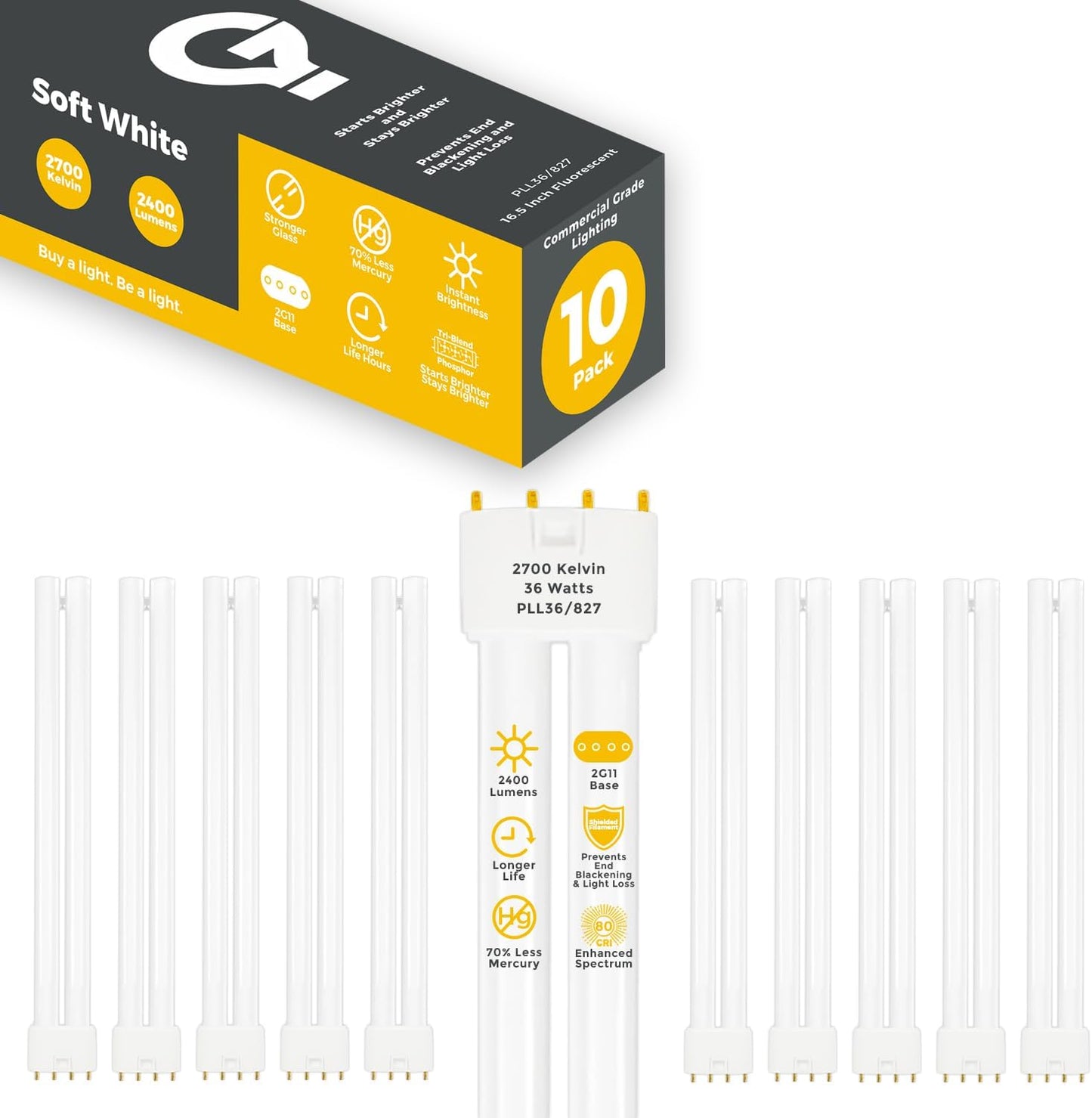 GoodBulb PLL36/827 | 36W 16.5" Twin Tube Compact Fluorescent Light Bulb | 4-pin 2G11 Base 2700K Soft White 2400 Lumen | 36000 Hour Long Life Biax | Pack of 10