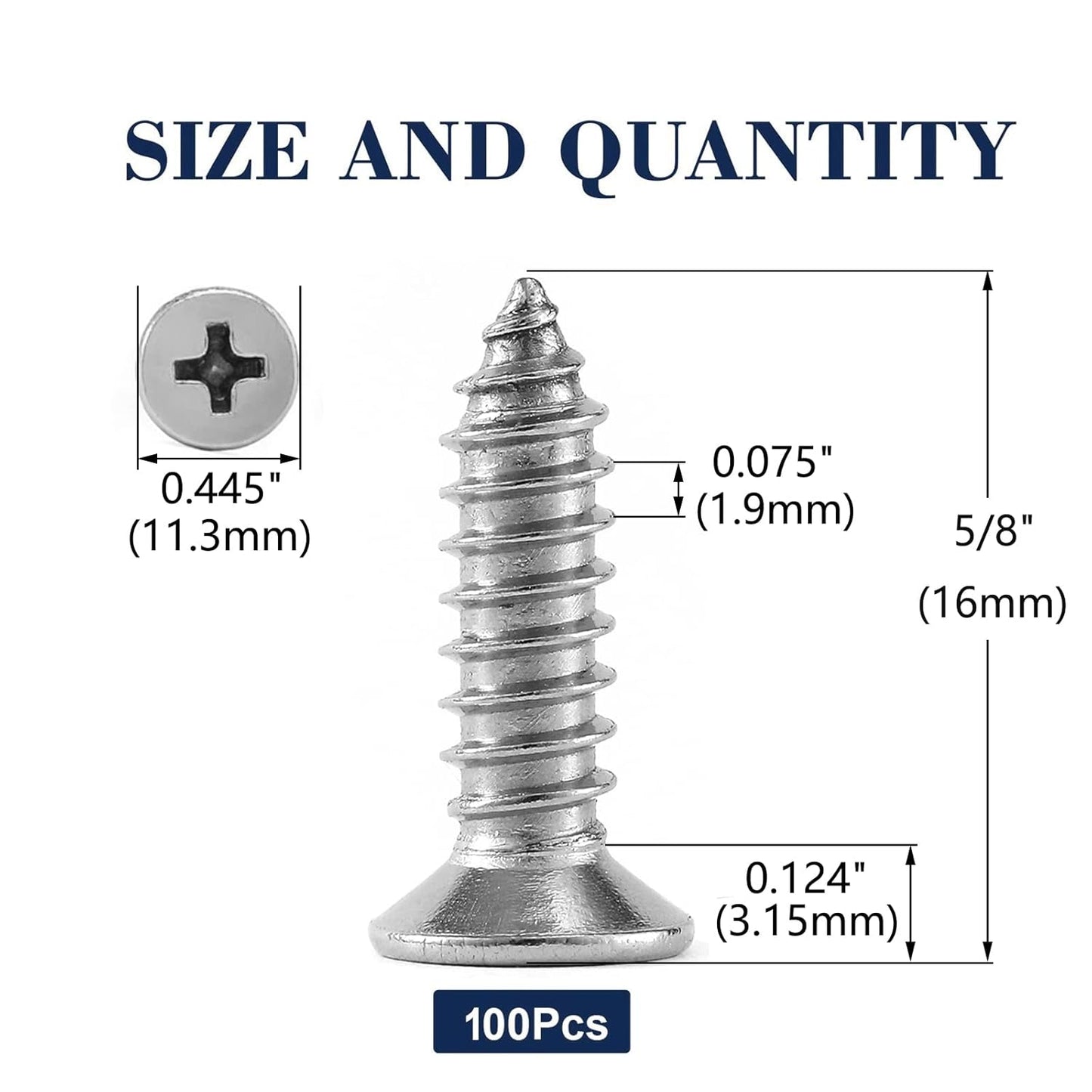 #14 x 5/8" Wood Screw 100Pcs 18-8 (304) Stainless Steel Screws Flat Head Phillips Fast Self Tapping Drywall Screws by SG TZH