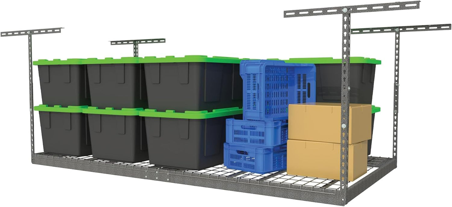 MonsterRax Overhead Garage Storage Rack - 4 x 8 Ceiling Racks for Garage, Organization Shelving, Hanging Shelf, Grey, 24"-45" Height Adjustment