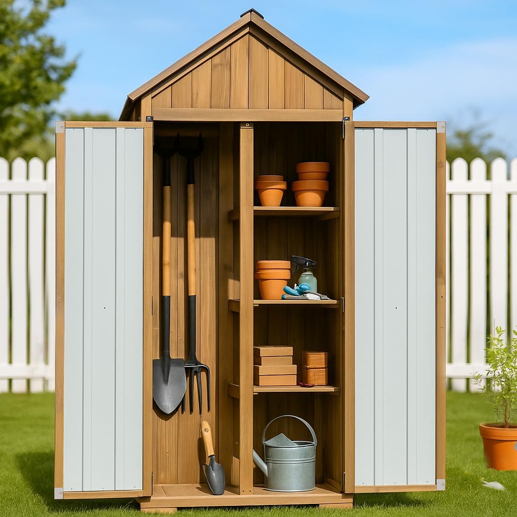Outdoor Storage Cabinet – Weatherproof Wood & Metal Storage Shed with Adjustable Shelf, Lockable Doors, and Stability Features for Garden, Patio, and Backyard, 27 1/2”x 13”x 67” (Brown+Black)