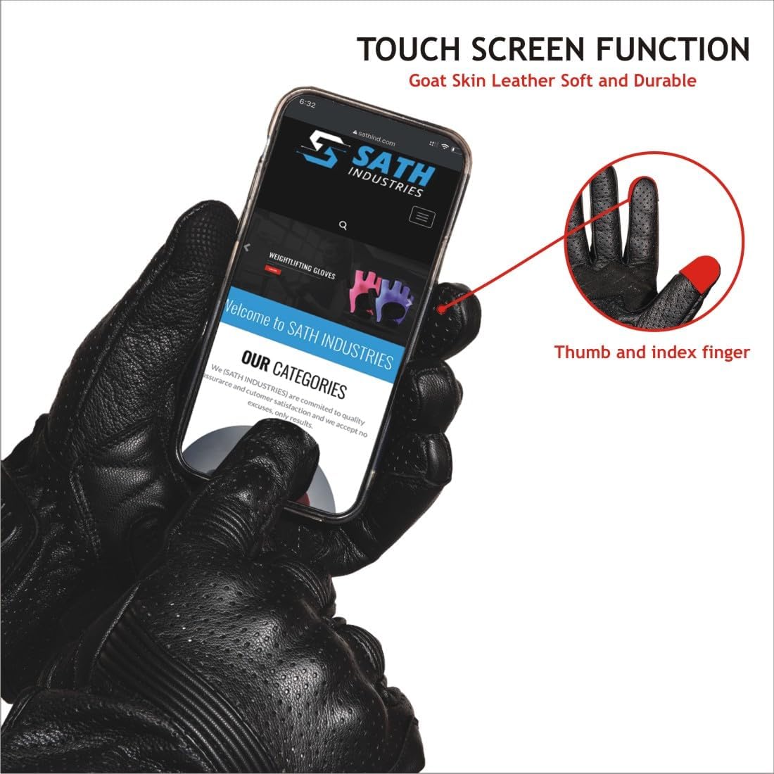 Leather Motorcycle Gloves for Men and Women | Touchscreen | Full Finger | Goatskin Leather Hard Knuckle Motorcycle Riding Gloves (Perforated, Large)