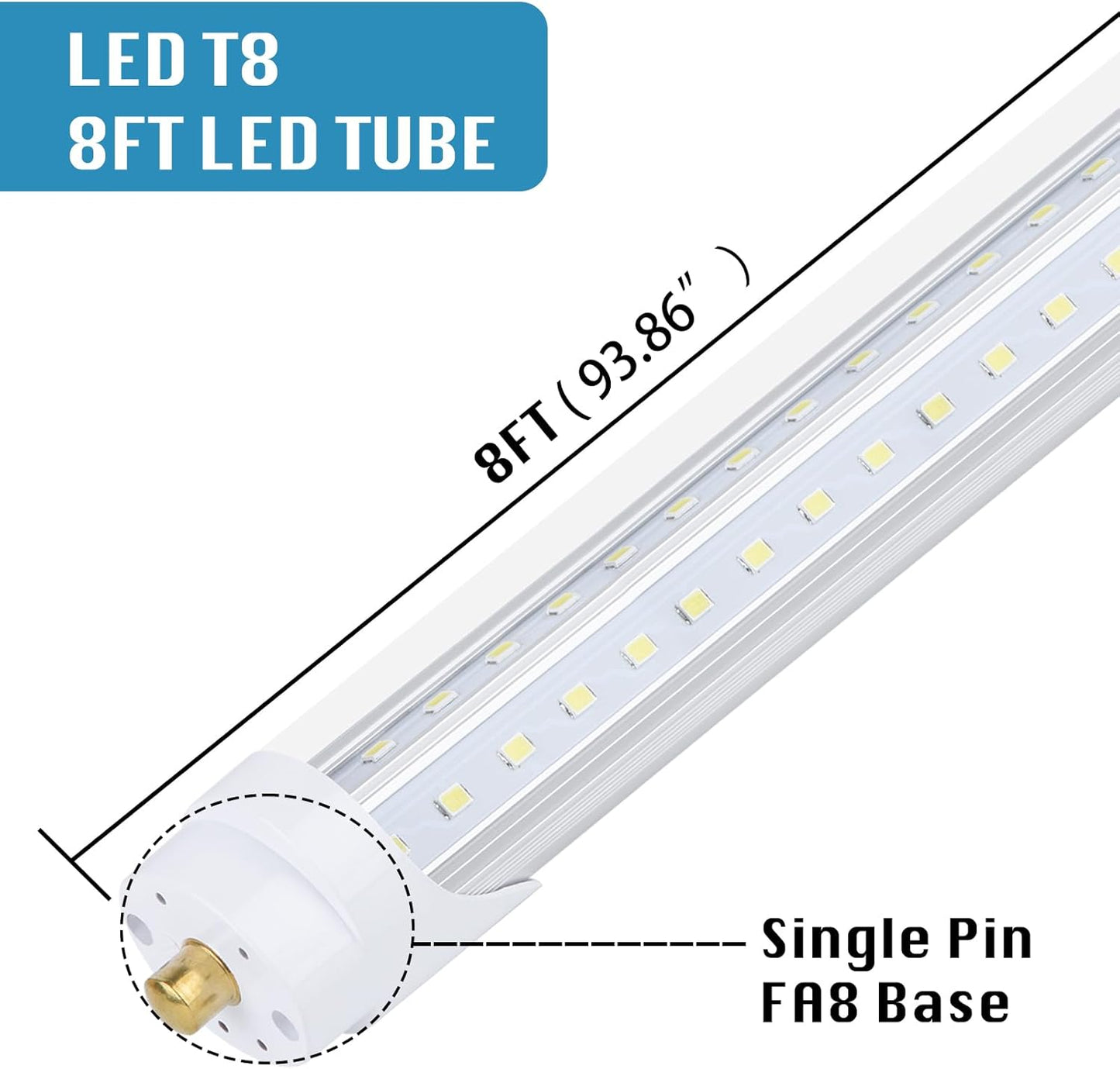 4 Pack, T8/T10/T12 8FT LED Tube Light, Single Pin FA8 Base, 100W 6000LM 6000K Cold White, 270 Degree V Shaped LED Fluorescent Bulb (200W Equiv.), Clear Cover, Dual-Ended Power