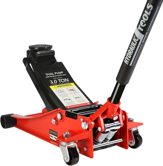 3 Ton Low Profile Floor Jack, Heavy Duty Floor Jack with Dual Pistons Quick Lift Pump, Steel Car Jack Adjustable Height 3.3"-18.5", Hydraulic Trolley Floor Jacks 3 Ton/6600 LB Capacity, Red