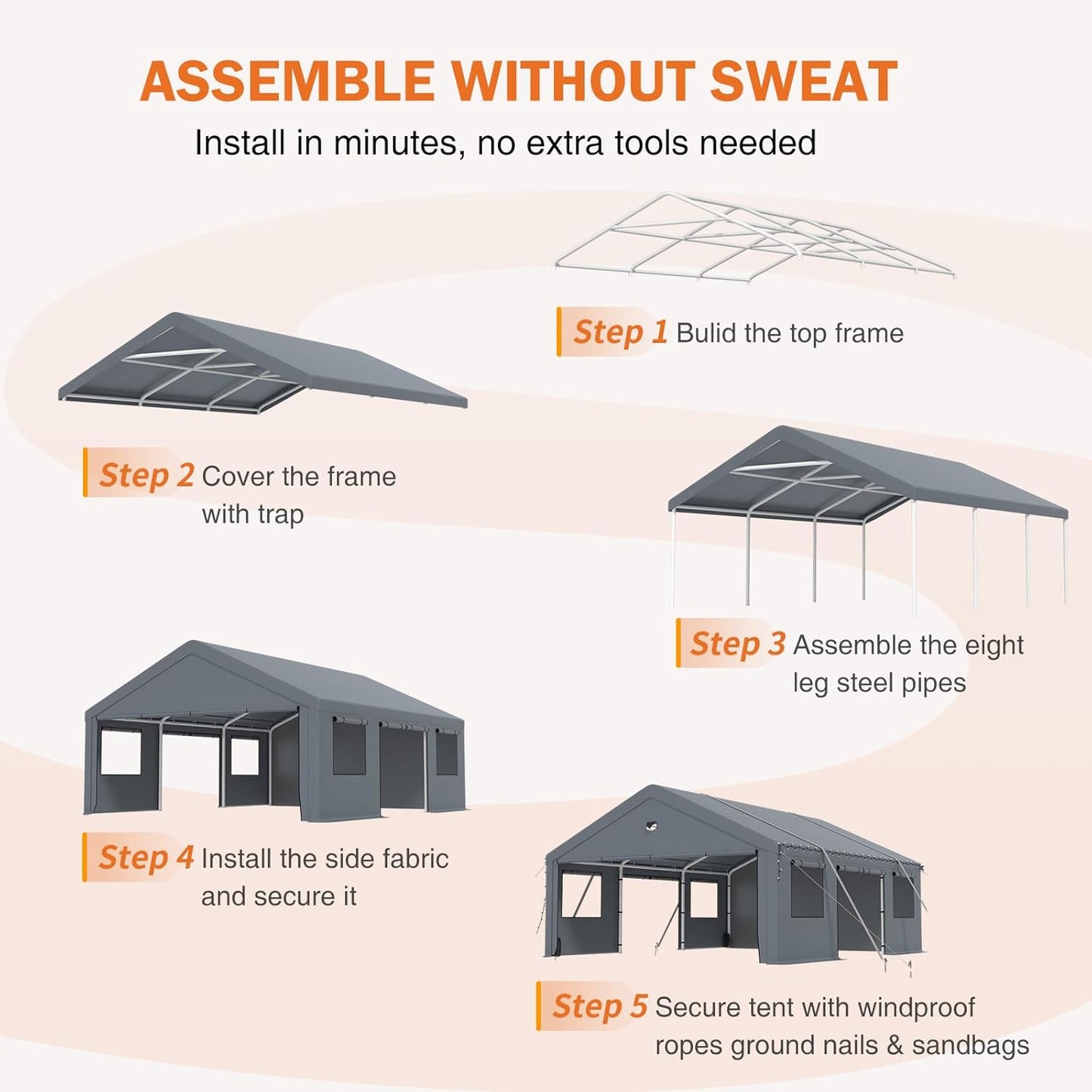 Carports 20X20 Heavy Duty，2 Car Carport with Side Doors，Extra Large Outdoor Carport Canopy，Portable Car Port Garage All Weather，Gray