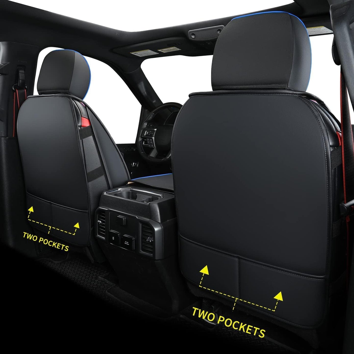 LUCKYMAN CLUB F150 Faux Leather Seat Covers Fit for 2015-2024 2025 F150 SuperCrew and 2017-2024 2025 F250 F350 F450 Super Duty Crew Cab Pickup Trucks(Full Set, Black&Blue)