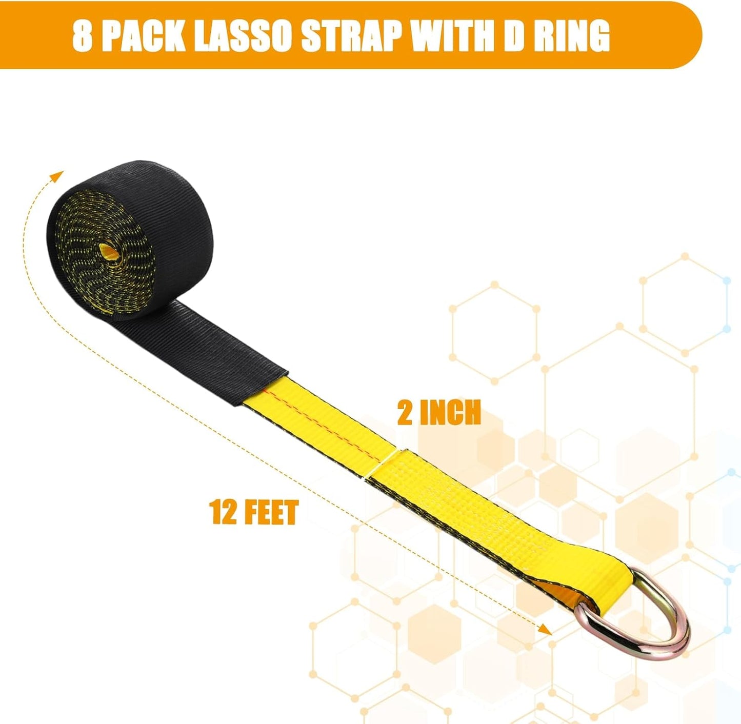 8 Pack 2'' x 12ft Tow Truck Straps Lasso Wheel Lift Straps Lasso Tow Strap with D Ring 11, 000 Lbs Break Strength Auto Tie Down Auto Hauler for Trailer Truck Tie