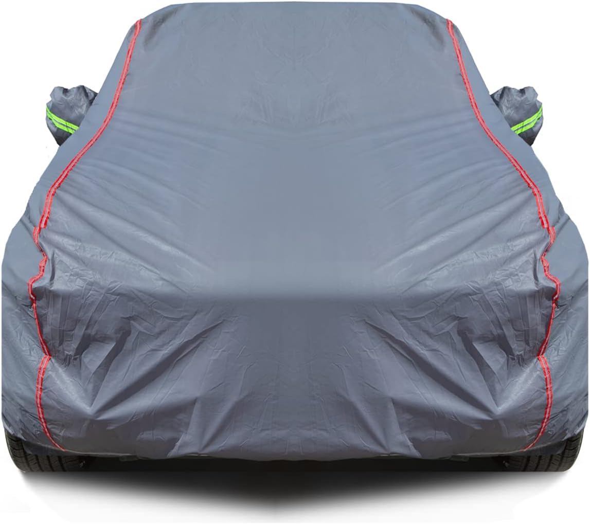 AUQDD 6-Layers PEVA New Material Sedan SUV Full Padded Car Cover Waterproof All Weather Weatherproof UV Sun Protection Snow Dust Storm Resistant Outdoor Exterior Custom Form-Fit Straps 165"-179" Grey