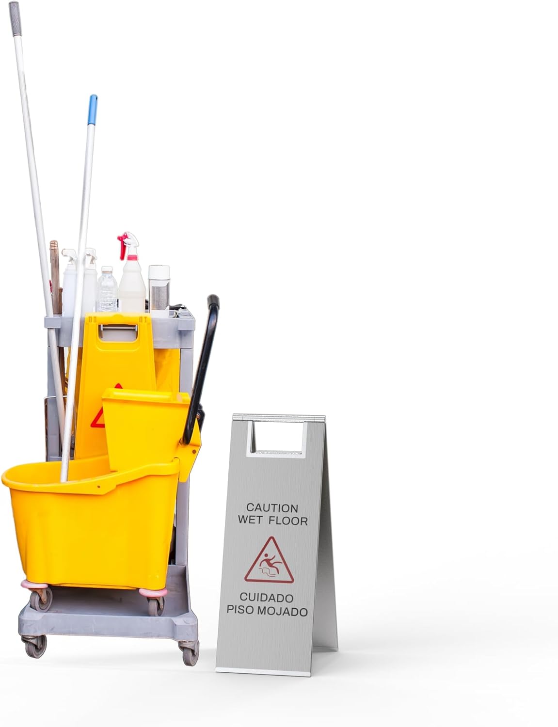 Stainless Steel Wet Floor Sign 2 Pack, 24 Inch Double-Sided Foldable Caution Sign with Handle, 8.8 lb Bilingual Warning for Restaurant, Office, Commercial Cleaning Use, Silver