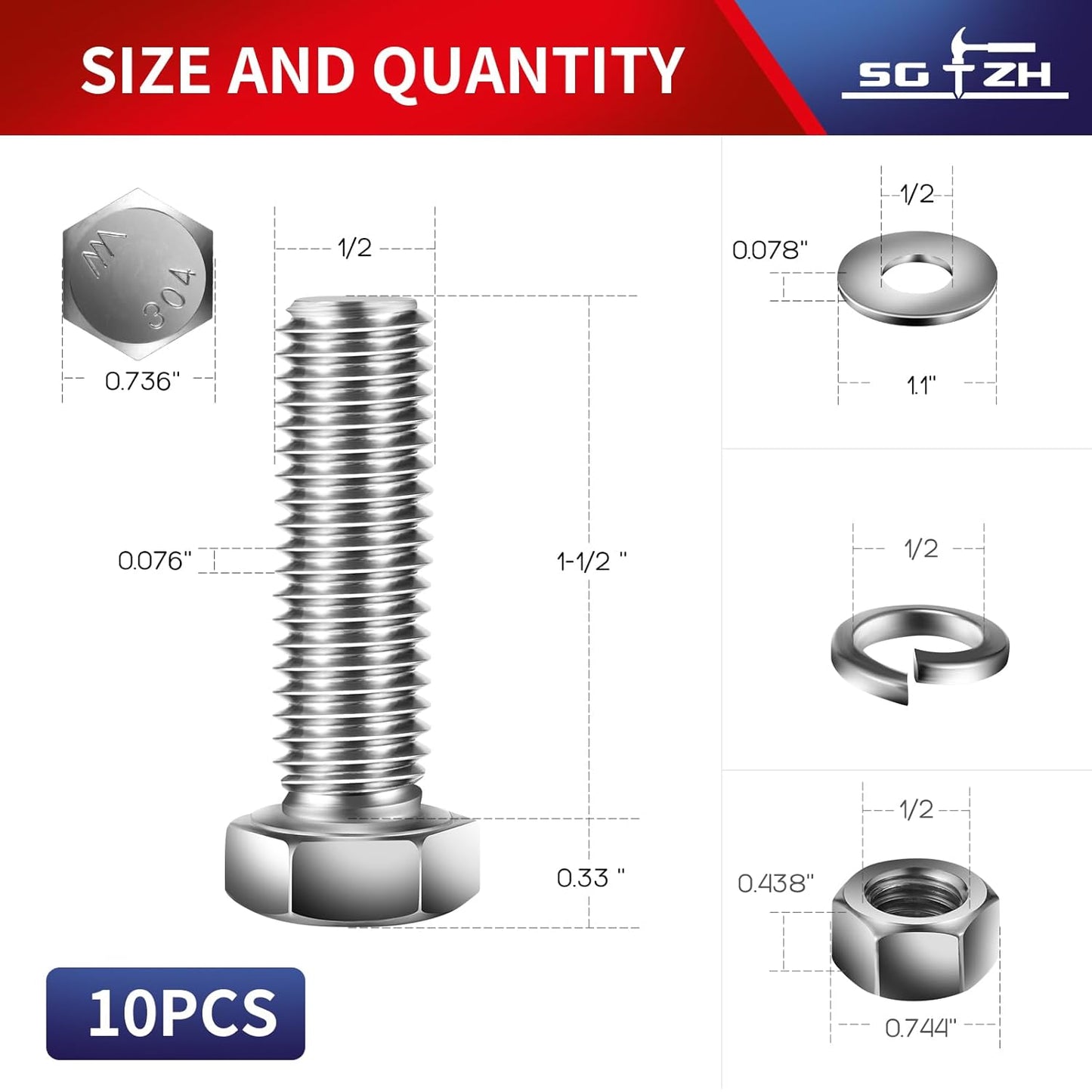 1/2-13 x 1-1/2" Hex Head Screw Bolt, Nuts, Flat & Lock Washers, 10Pcs 18-8 (304) Stainless Steel, Fully Threaded, by SG TZH